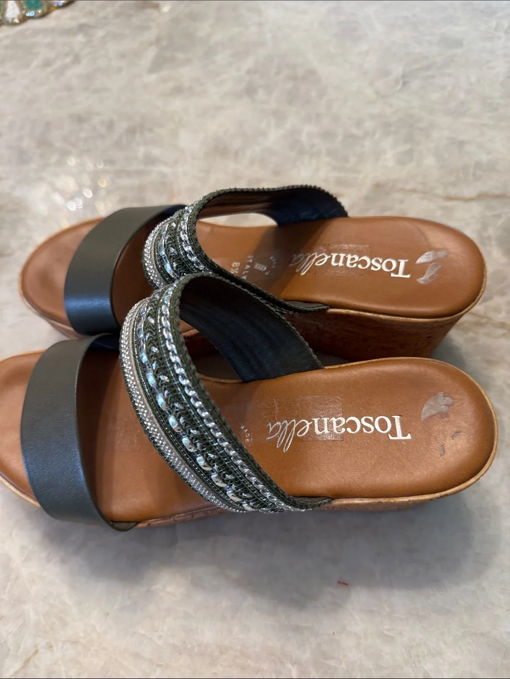 Leather Black Wedge Sandals with Beaded Straps